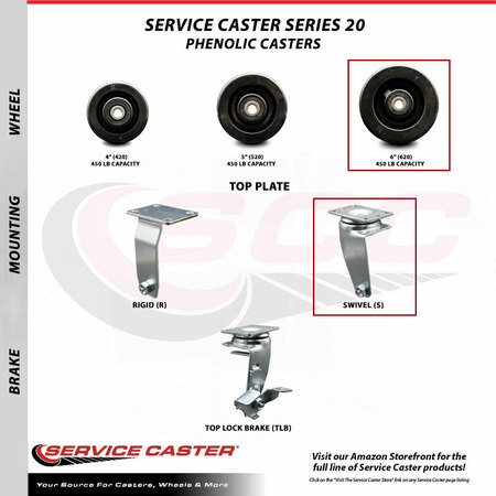 Service Caster 6 Inch Phenolic Wheel Swivel Caster Set with Roller Bearings SCC SCC-20S620-PHR-4